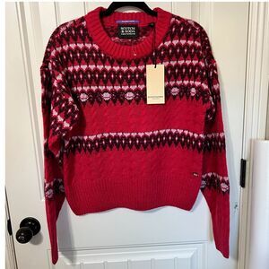 Scotch & Soda Womens Large Fair‎ Isle Sweater Red Nordic Pattern Winter Knit